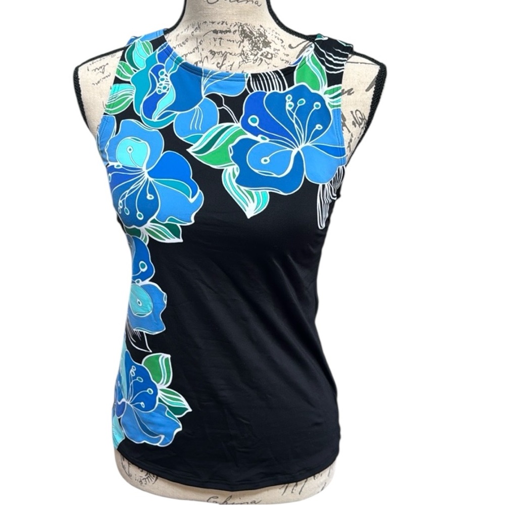 🩱NWOT Lands' End Swim Tank Top Black Blue Floral Built in Bra Womens Size 4